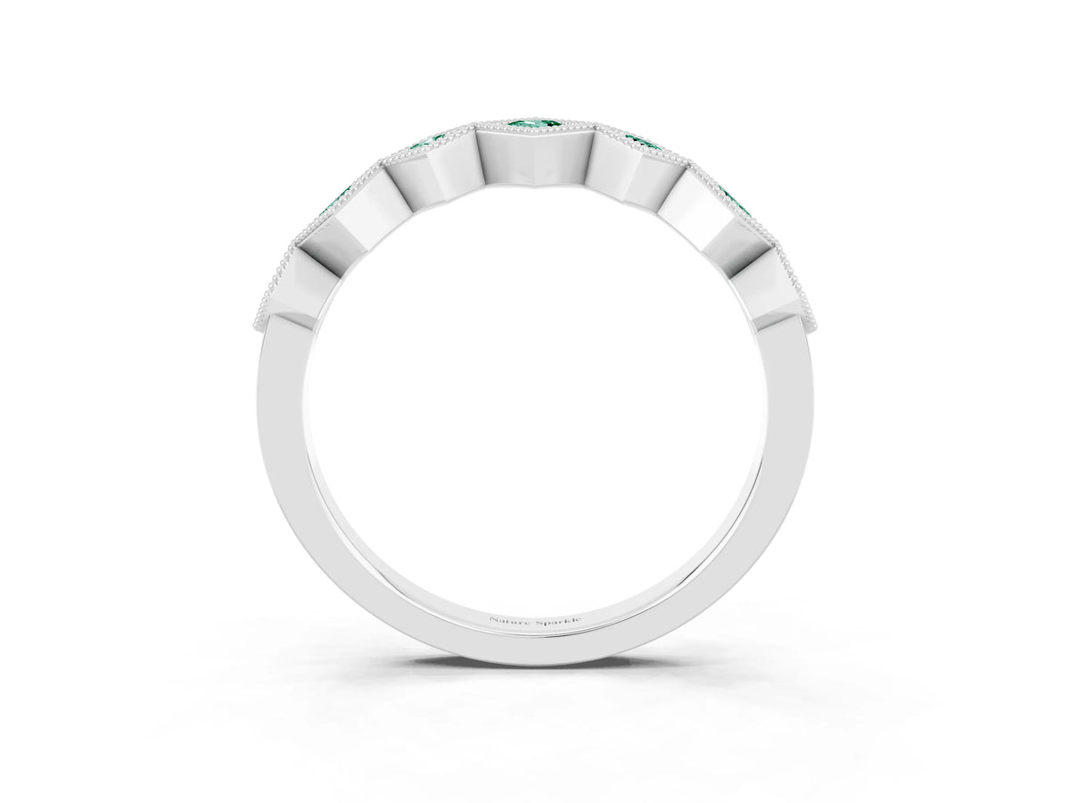 Round Green Sapphire Square Bezel Chevron Band in Silver with Milgrain Detailing_3