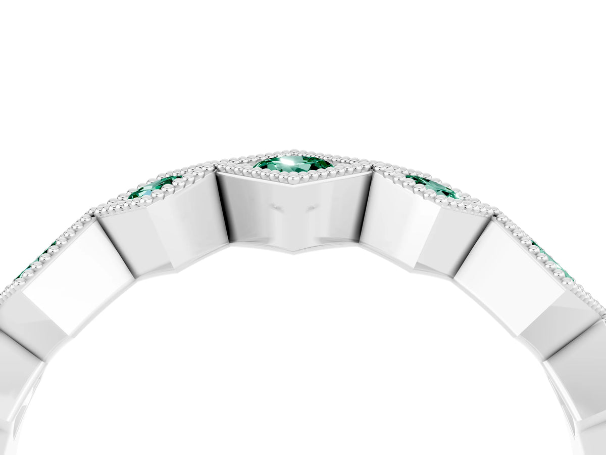 Round Green Sapphire Square Bezel Chevron Band in Silver with Milgrain Detailing_4