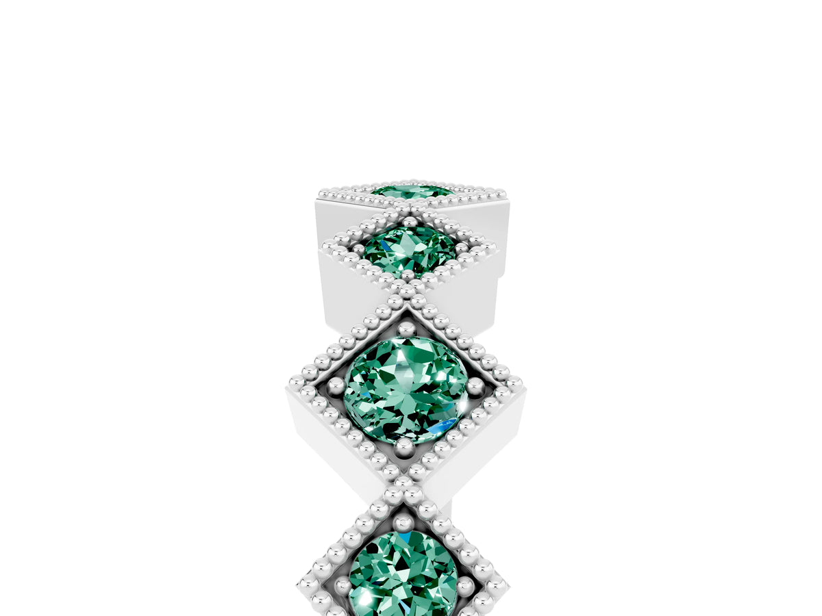 Round Green Sapphire Square Bezel Chevron Band in Silver with Milgrain Detailing_5