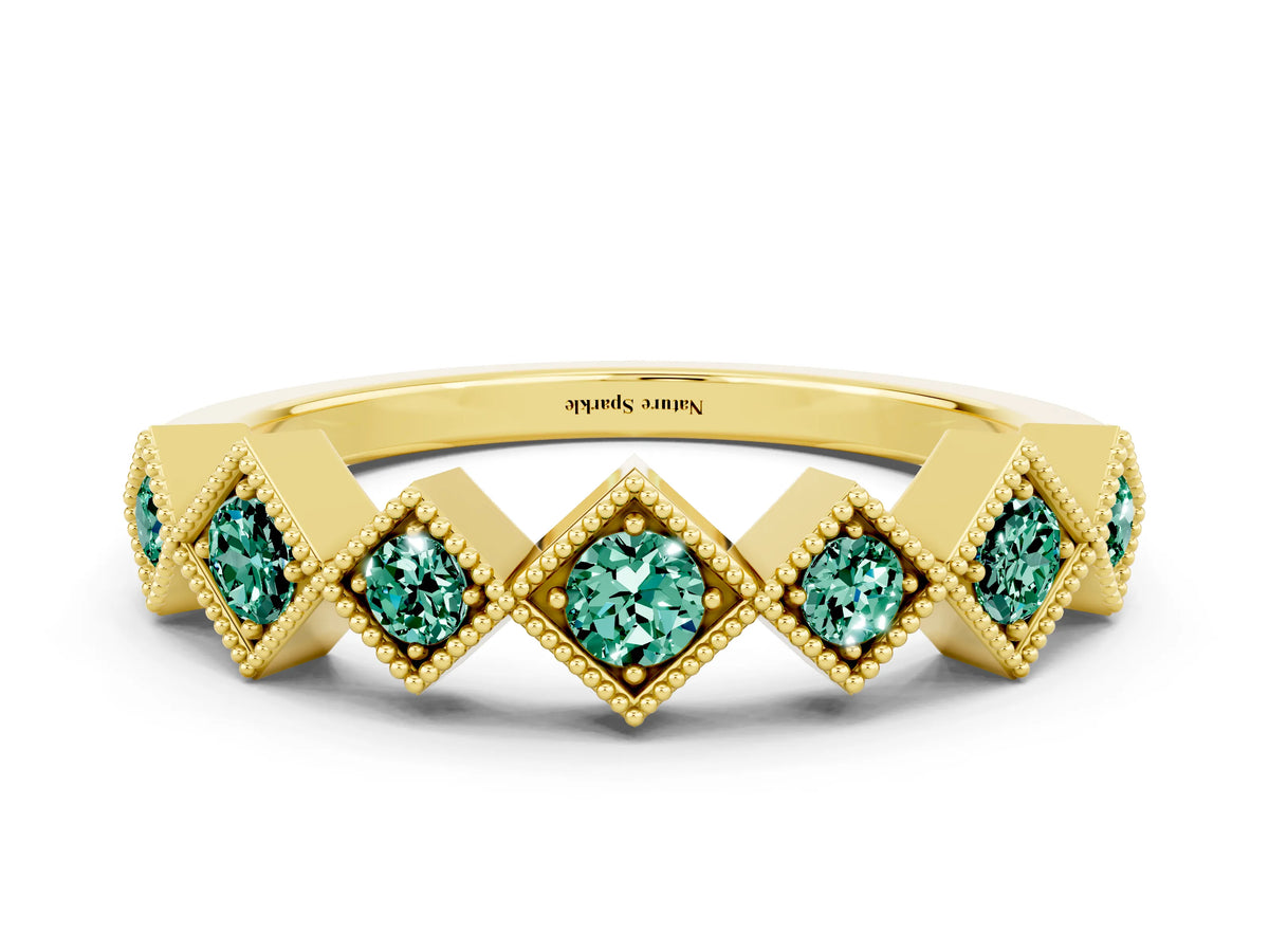 Round Green Sapphire Square Bezel Chevron Band in Yellow gold with Milgrain Detailing