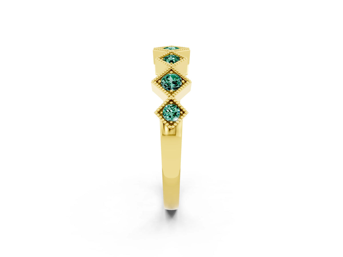 Round Green Sapphire Square Bezel Chevron Band in Yellow gold with Milgrain Detailing_2