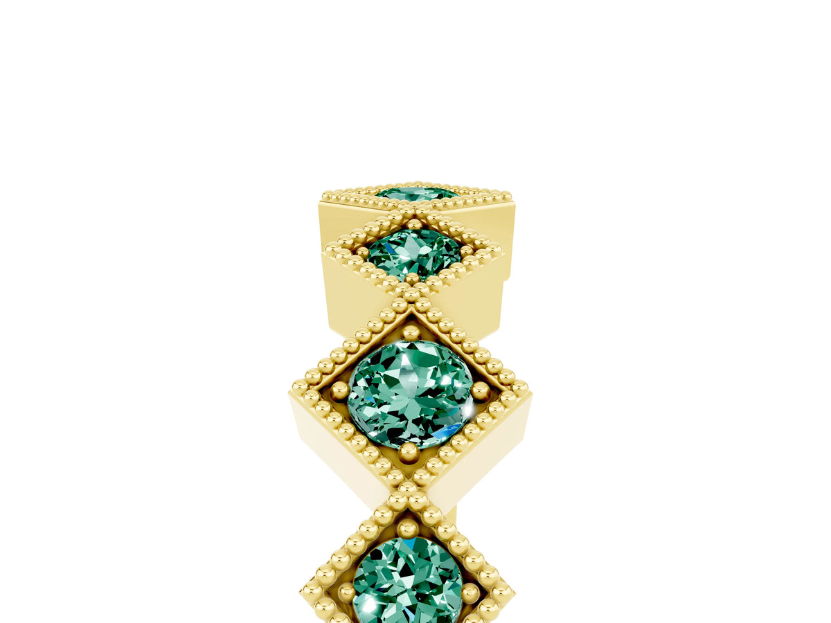 Round Green Sapphire Square Bezel Chevron Band in Yellow gold with Milgrain Detailing_5