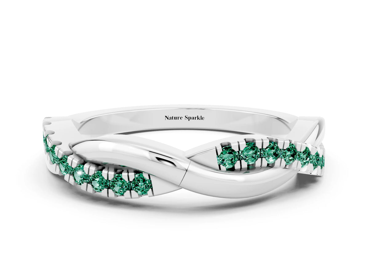 Round Green Sapphire Twisted Infinity Band in Silver with Prong Setting