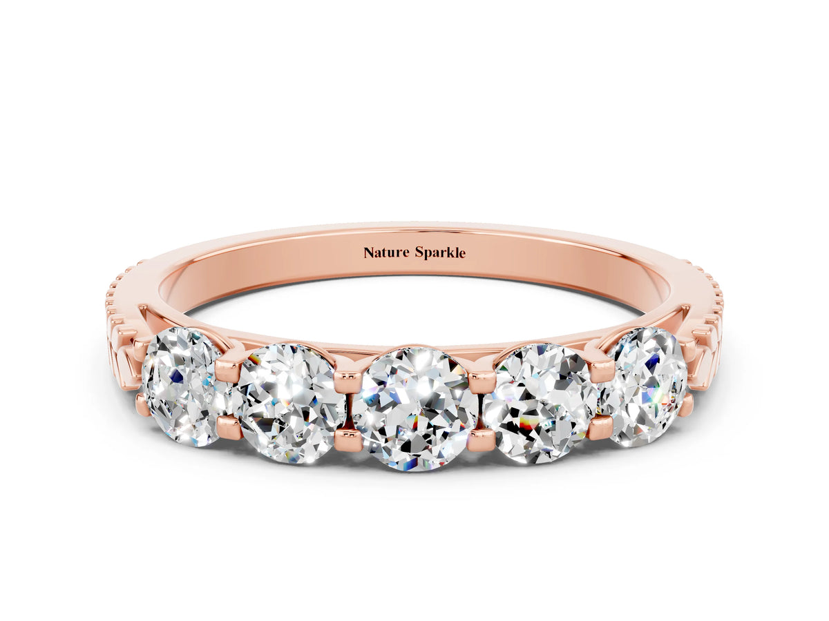 Round Moissanite Five-Stone Band in Rose gold with Prong Setting
