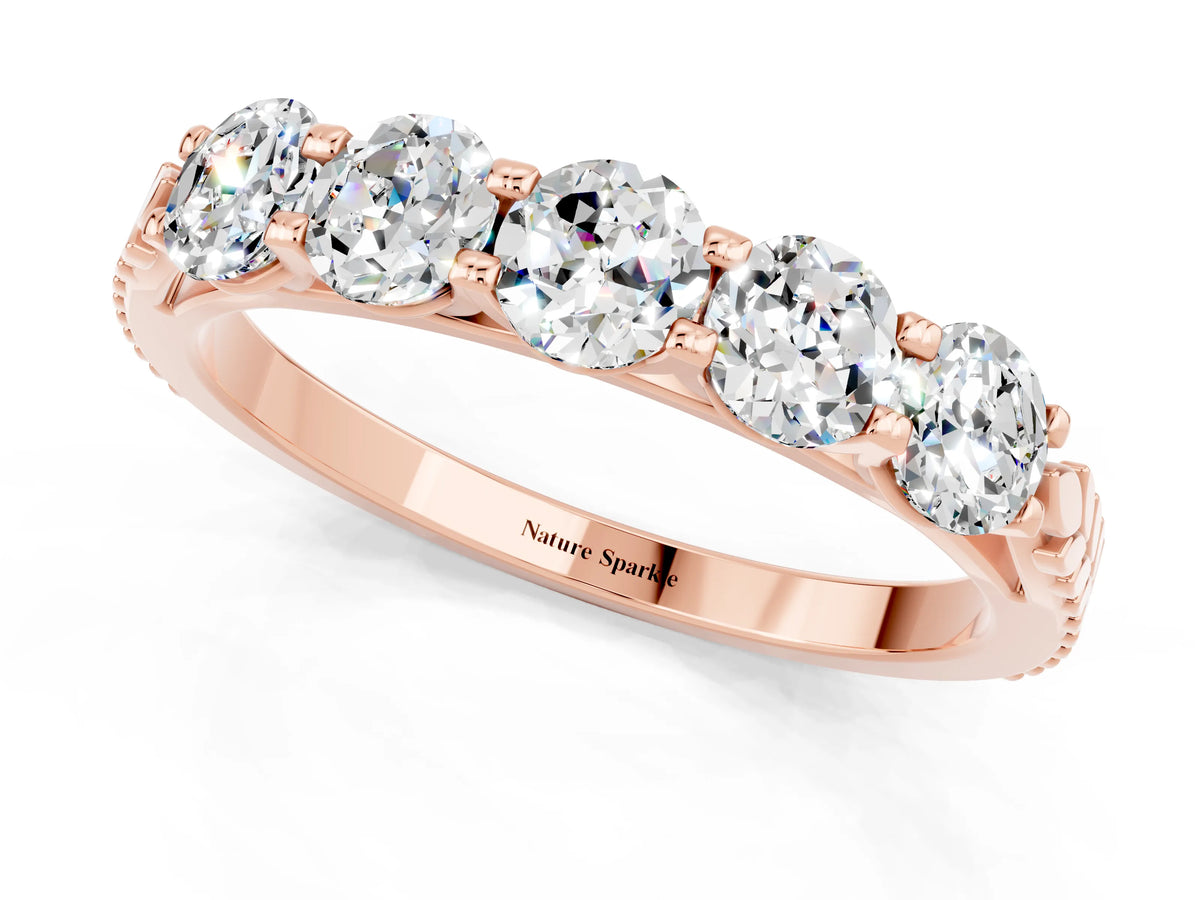 Round Moissanite Five-Stone Band in Rose gold with Prong Setting_1