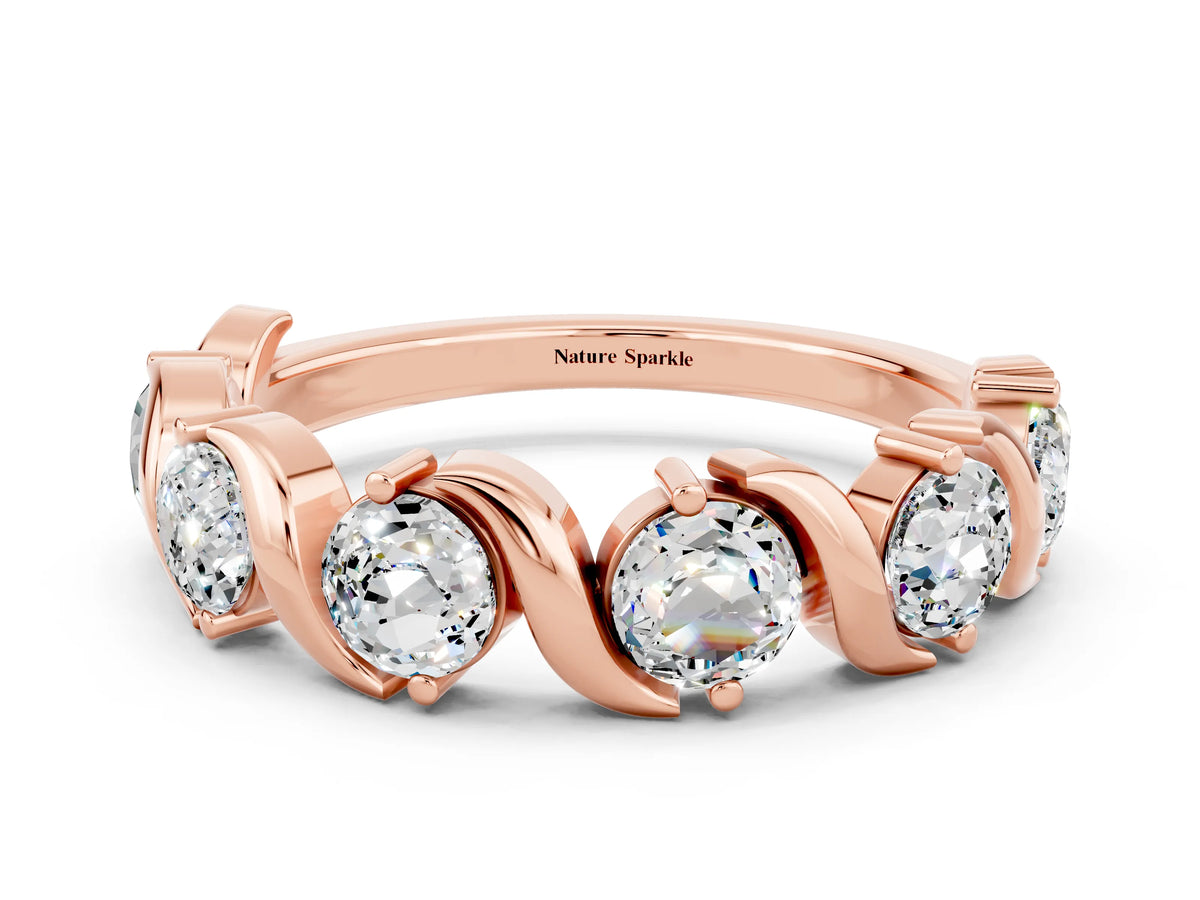 Round Moissanite Half Eternity Band in Rose gold with Wave Prong Setting