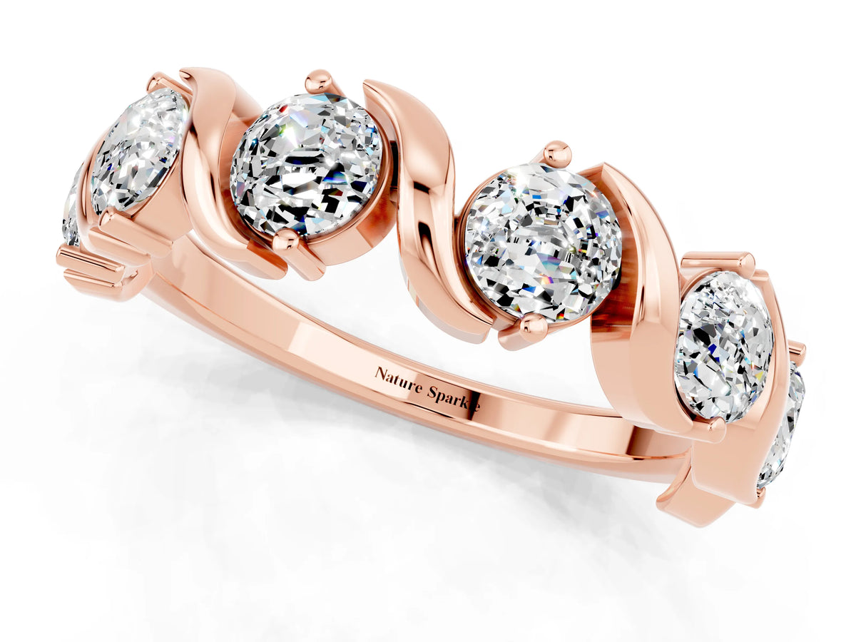 Round Moissanite Half Eternity Band in Rose gold with Wave Prong Setting_1