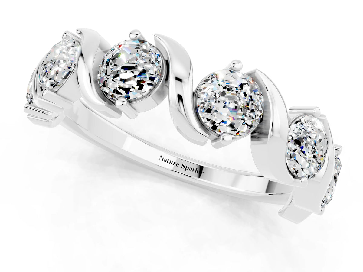 Round Moissanite Half Eternity Band in Silver with Wave Prong Setting_1