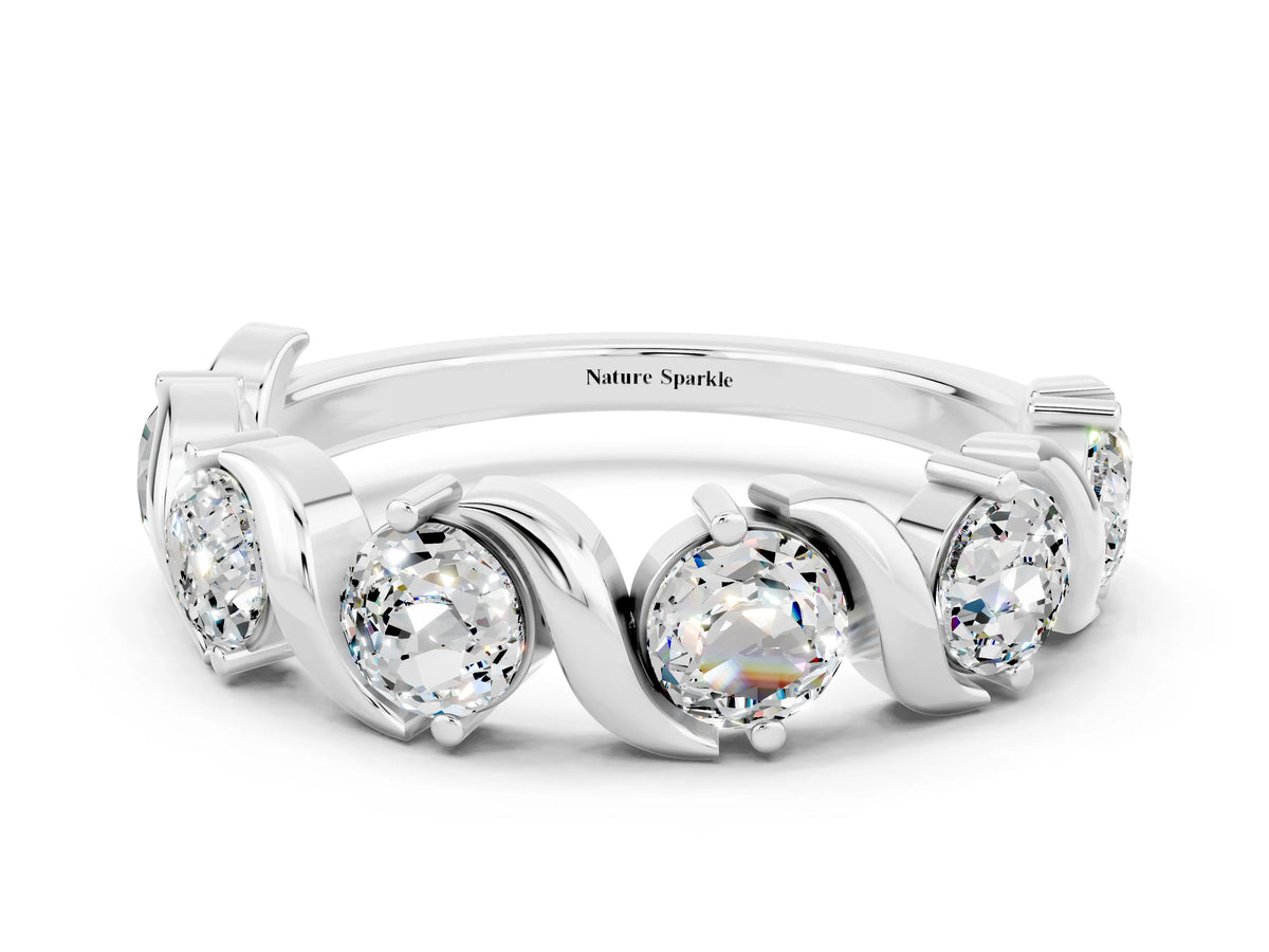 Round Moissanite Half Eternity Band in White gold with Wave Prong Setting