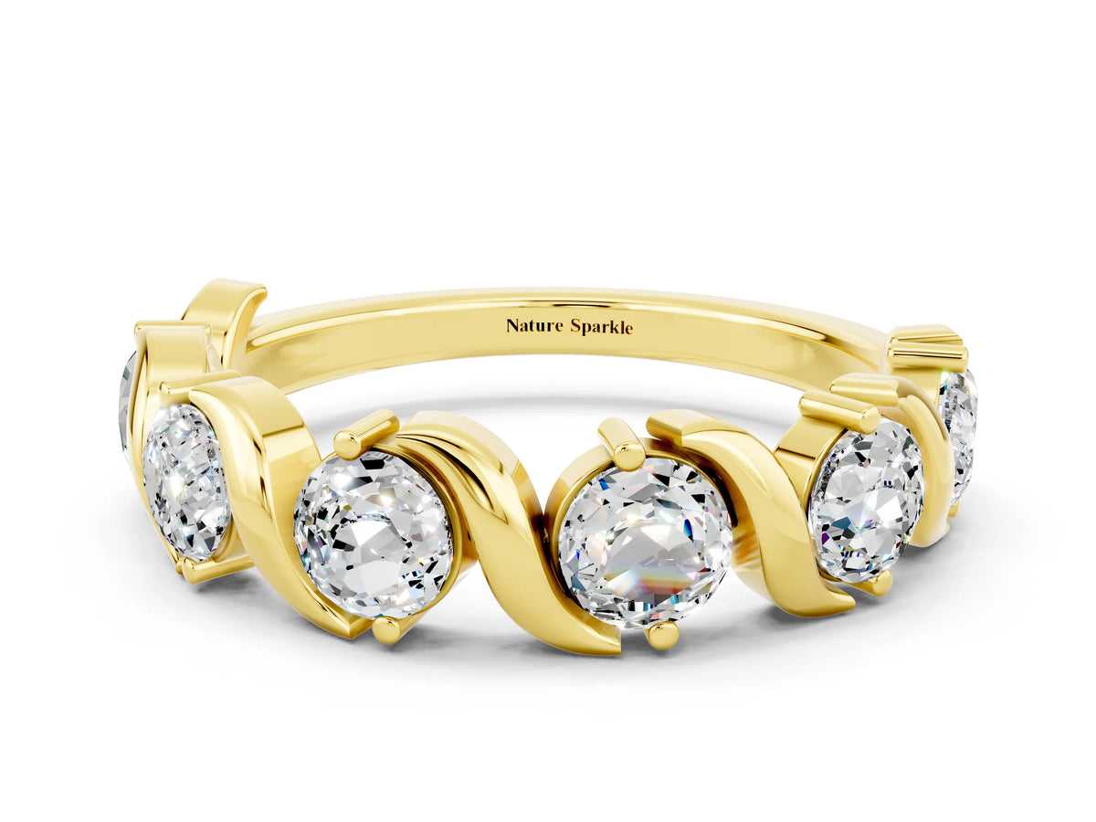 Round Moissanite Half Eternity Band in Yellow gold with Wave Prong Setting