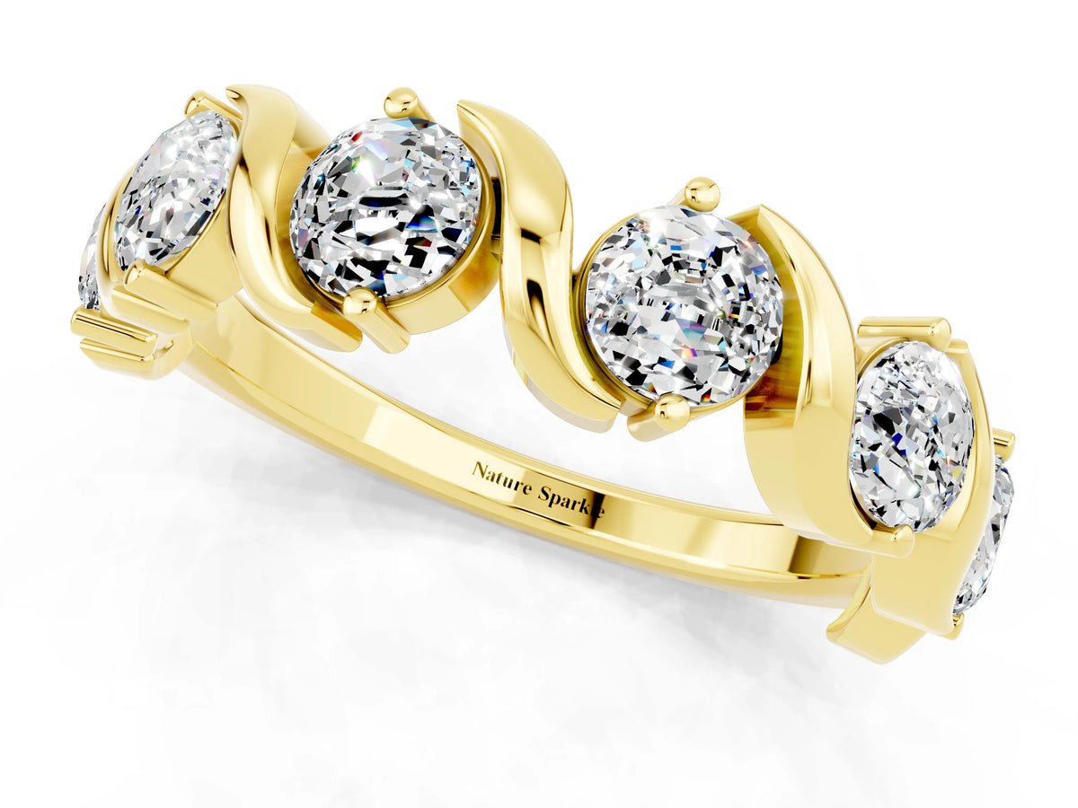 Round Moissanite Half Eternity Band in Yellow gold with Wave Prong Setting_1