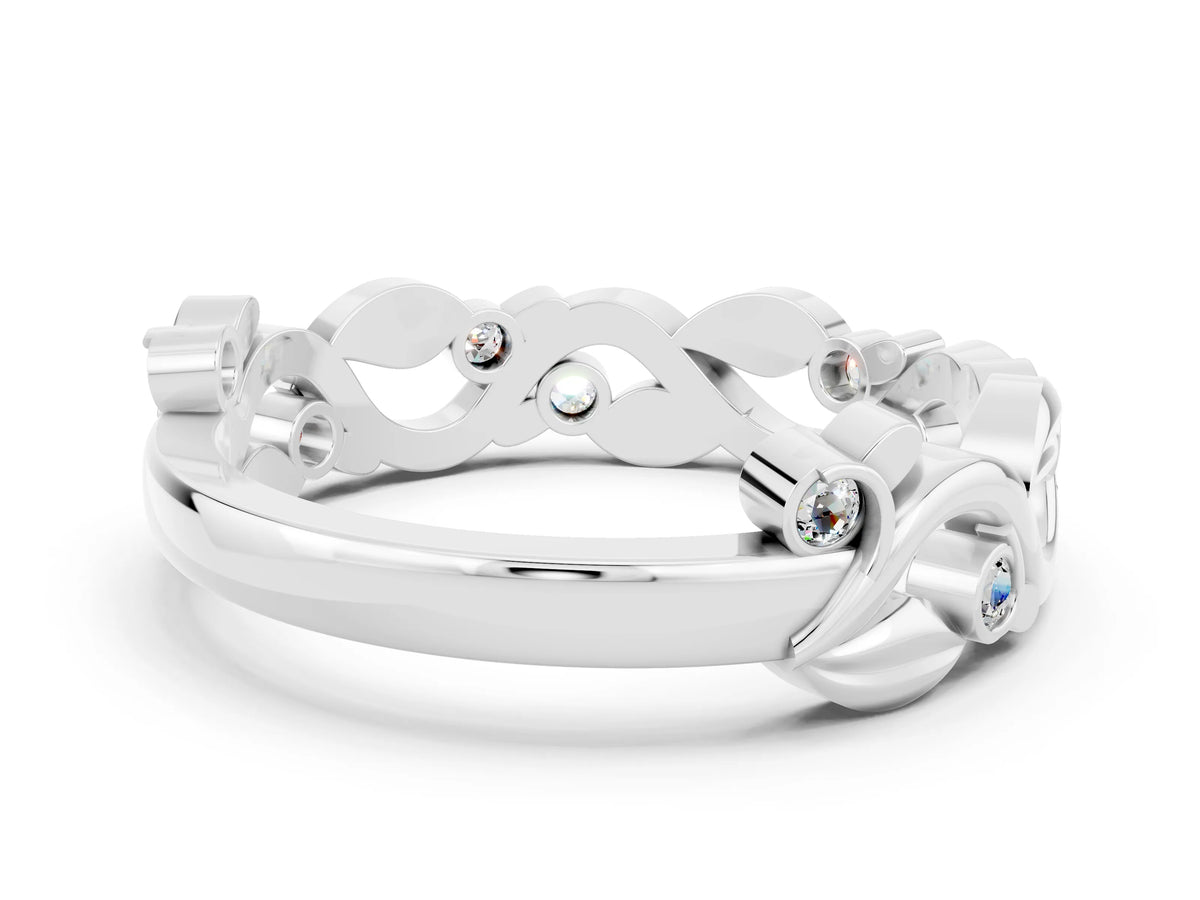 Round Moissanite Leaf Motif Eternity Band in Platinum with Bezel Setting
