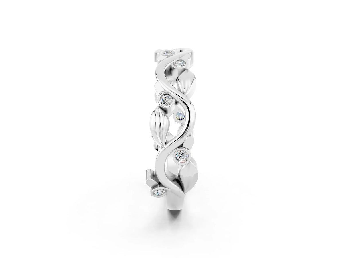 Round Moissanite Leaf Motif Eternity Band in Platinum with Bezel Setting_2