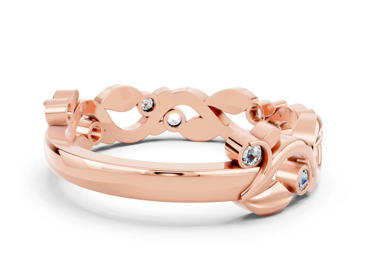 Round Moissanite Leaf Motif Eternity Band in Rose gold with Bezel Setting