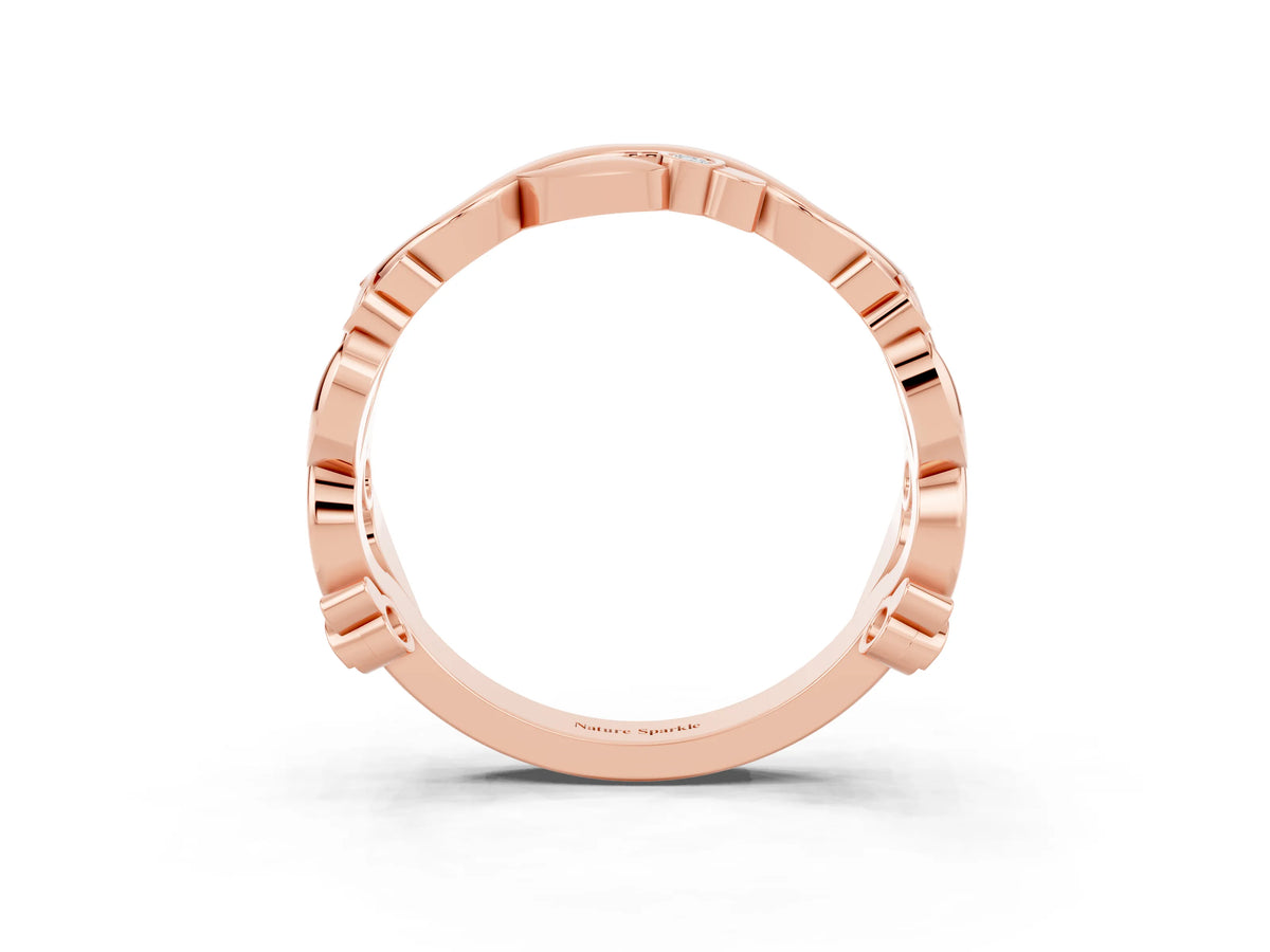 Round Moissanite Leaf Motif Eternity Band in Rose gold with Bezel Setting_3