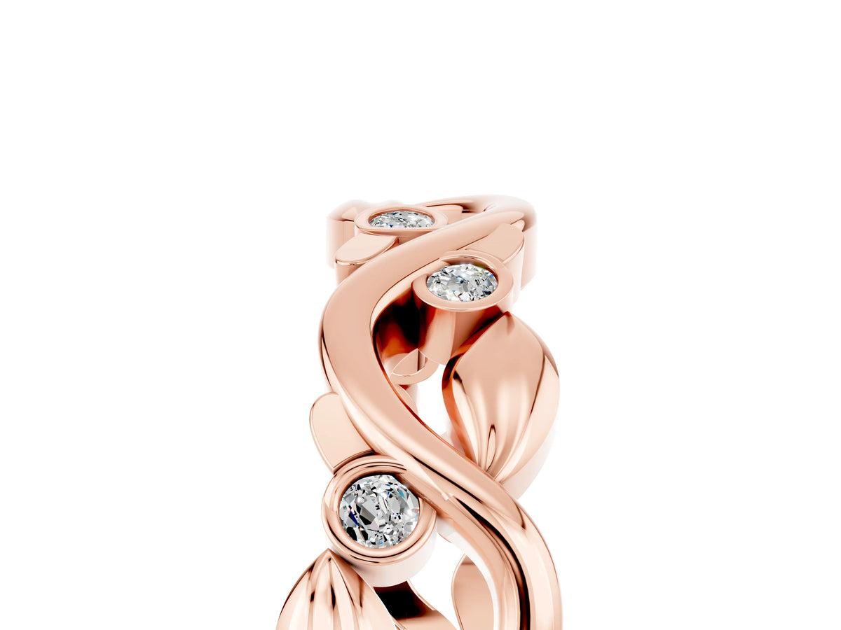Round Moissanite Leaf Motif Eternity Band in Rose gold with Bezel Setting_5