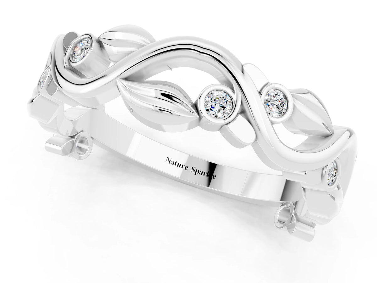 Round Moissanite Leaf Motif Eternity Band in White gold with Bezel Setting_1
