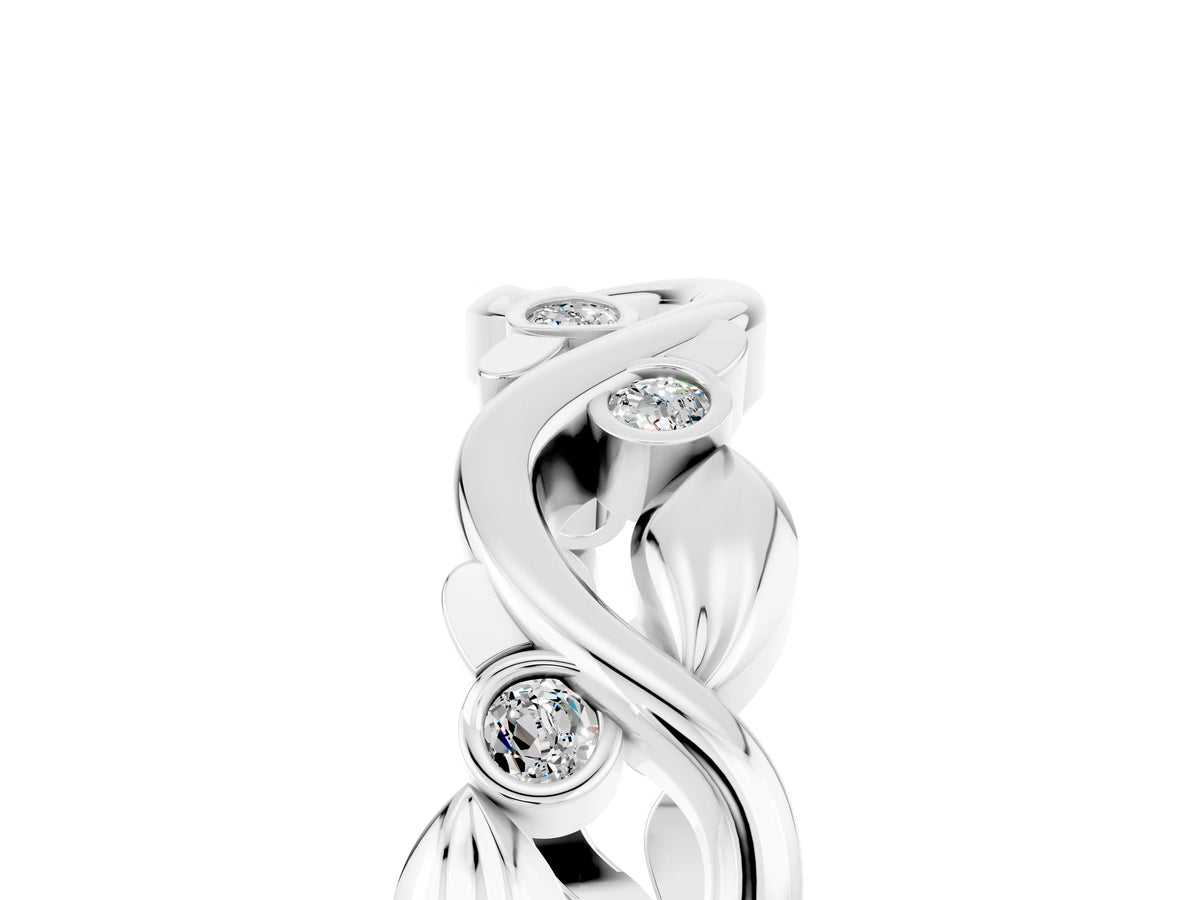 Round Moissanite Leaf Motif Eternity Band in White gold with Bezel Setting_5