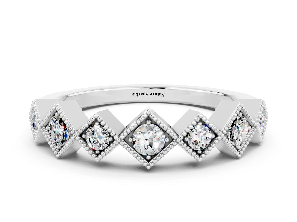 Round Moissanite Square Bezel Chevron Band in Platinum with Milgrain Detailing