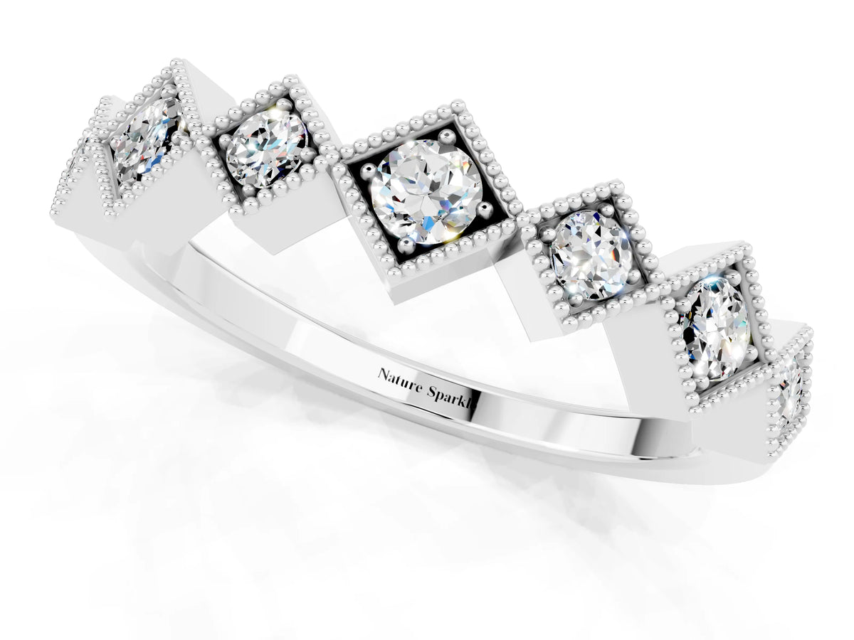 Round Moissanite Square Bezel Chevron Band in Platinum with Milgrain Detailing_1
