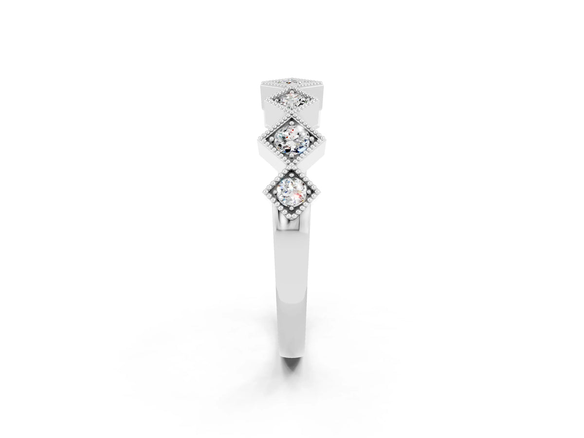 Round Moissanite Square Bezel Chevron Band in Platinum with Milgrain Detailing_2