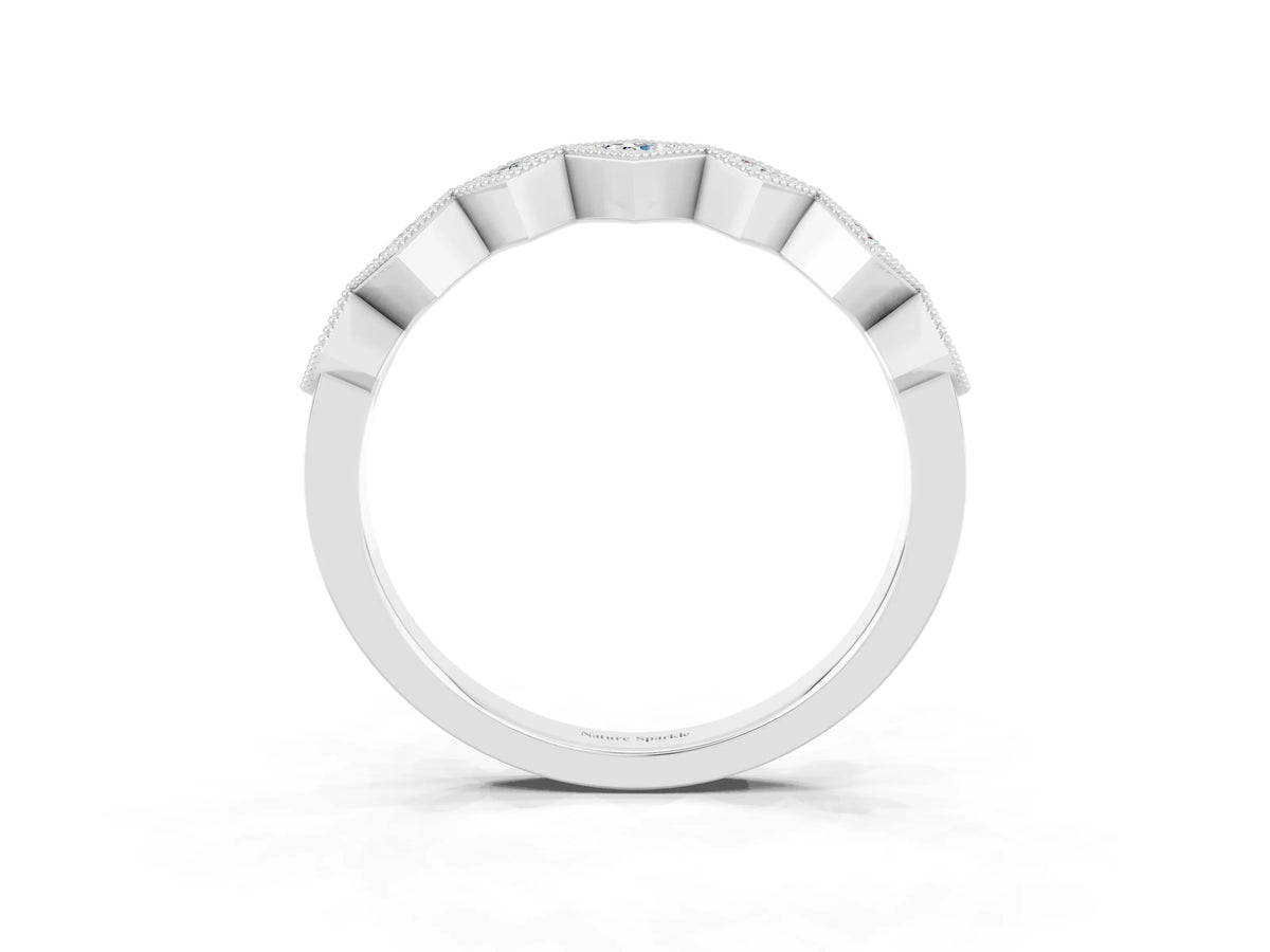 Round Moissanite Square Bezel Chevron Band in Platinum with Milgrain Detailing_3