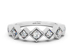 Round Moissanite Square Bezel Chevron Band in Silver with Milgrain Detailing