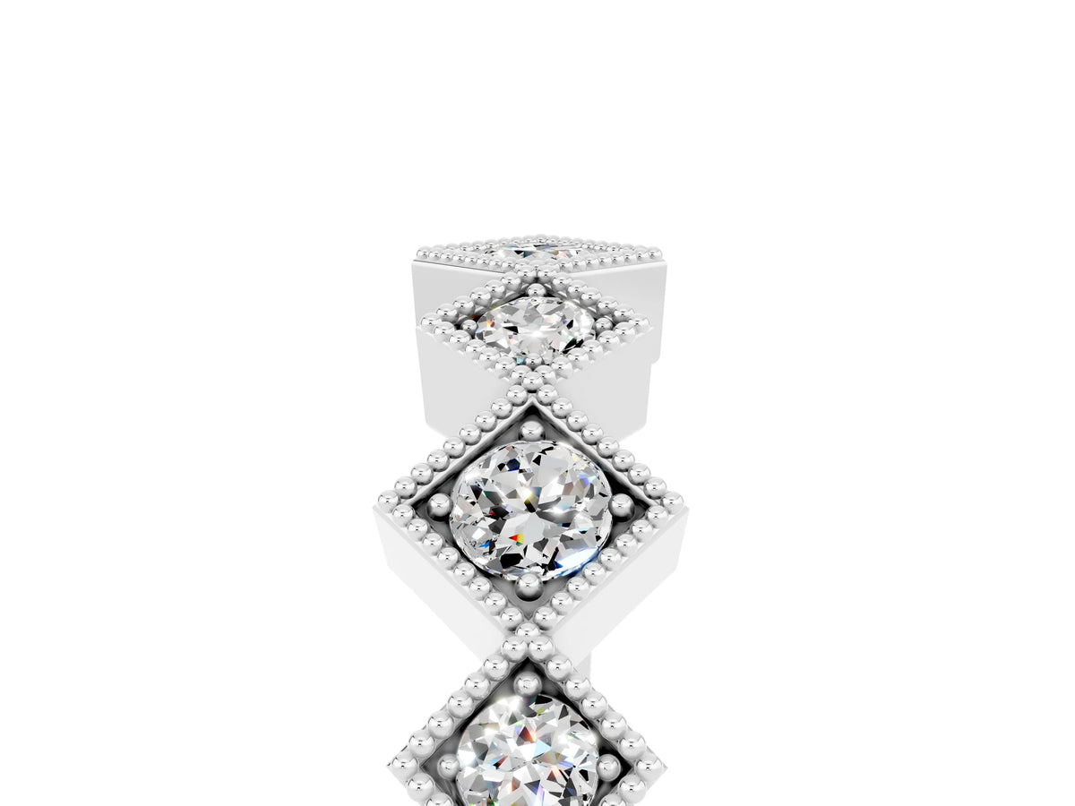 Round Moissanite Square Bezel Chevron Band in Silver with Milgrain Detailing_5