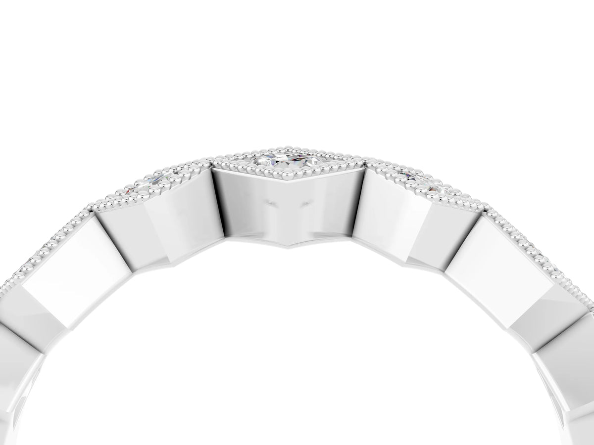 Round Moissanite Square Bezel Chevron Band in White gold with Milgrain Detailing_4