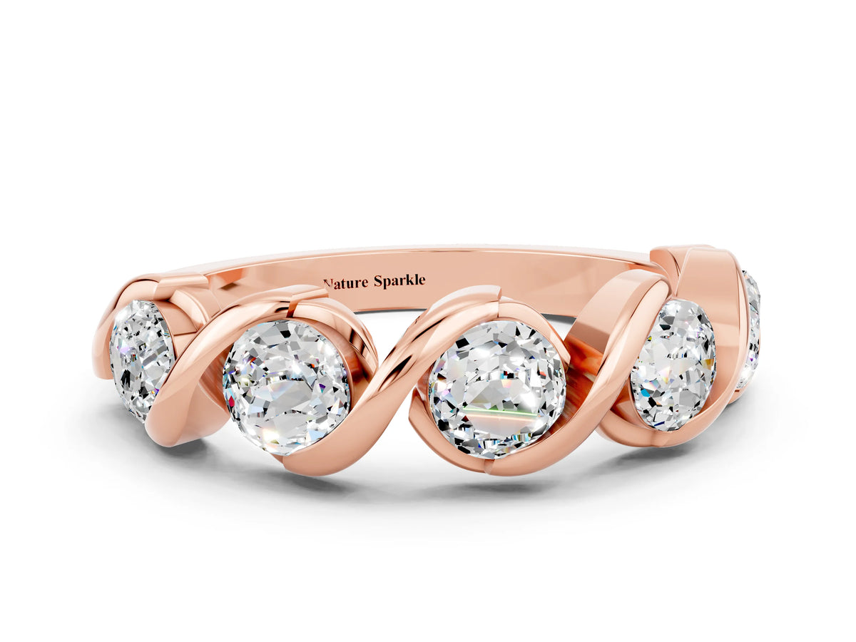 Round Moissanite Wave Band in Rose gold with Channel Setting and Shared Prongs