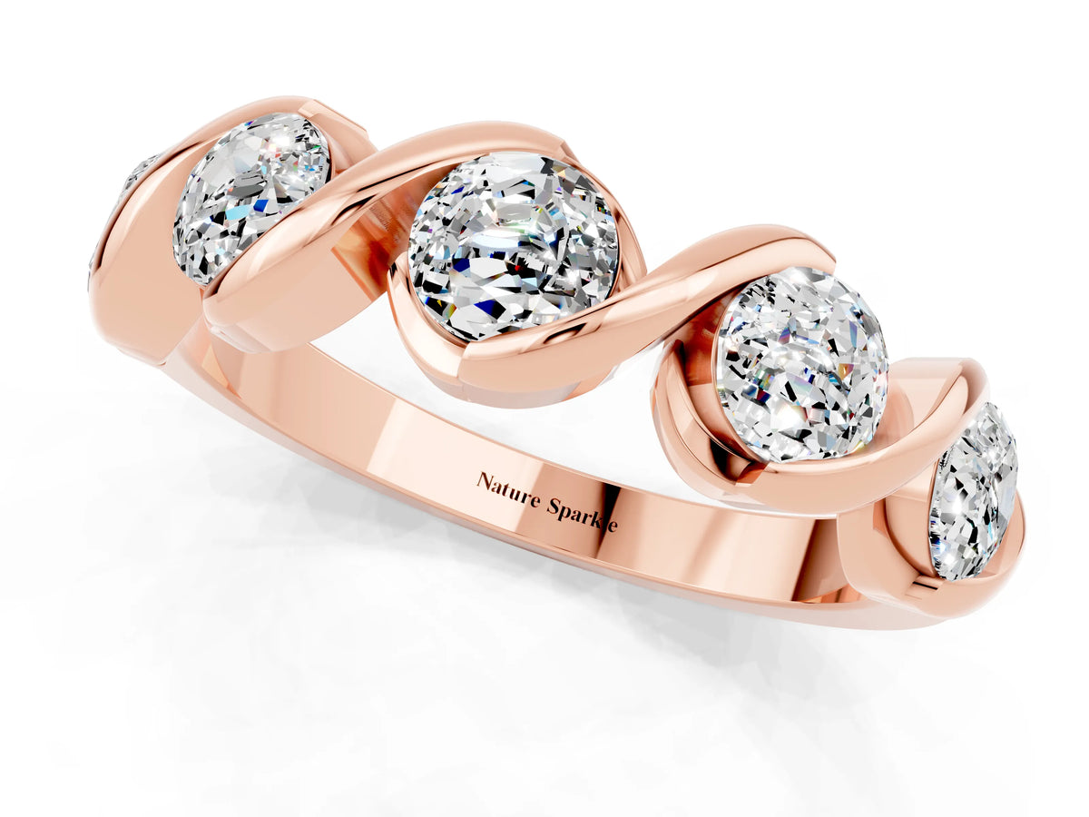 Round Moissanite Wave Band in Rose gold with Channel Setting and Shared Prongs_1
