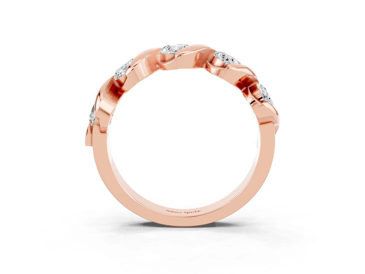 Round Moissanite Wave Band in Rose gold with Channel Setting and Shared Prongs_3