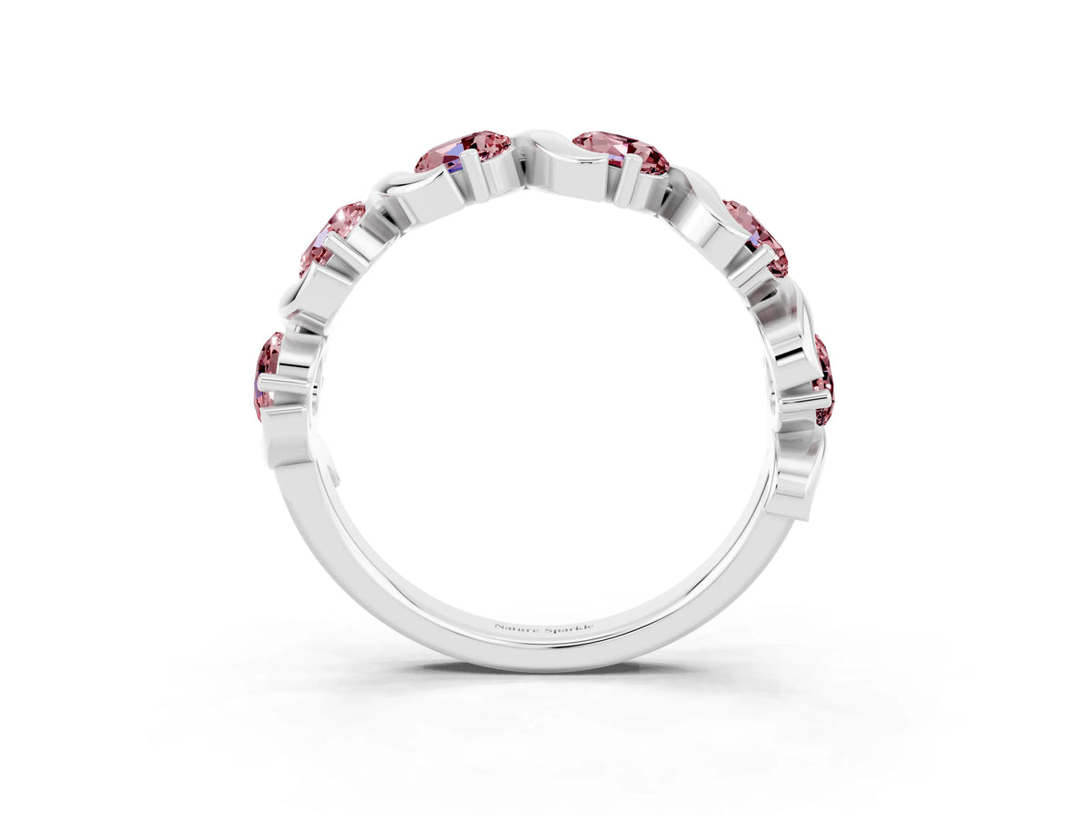 Round Morganite Half Eternity Band in Platinum with Wave Prong Setting_3