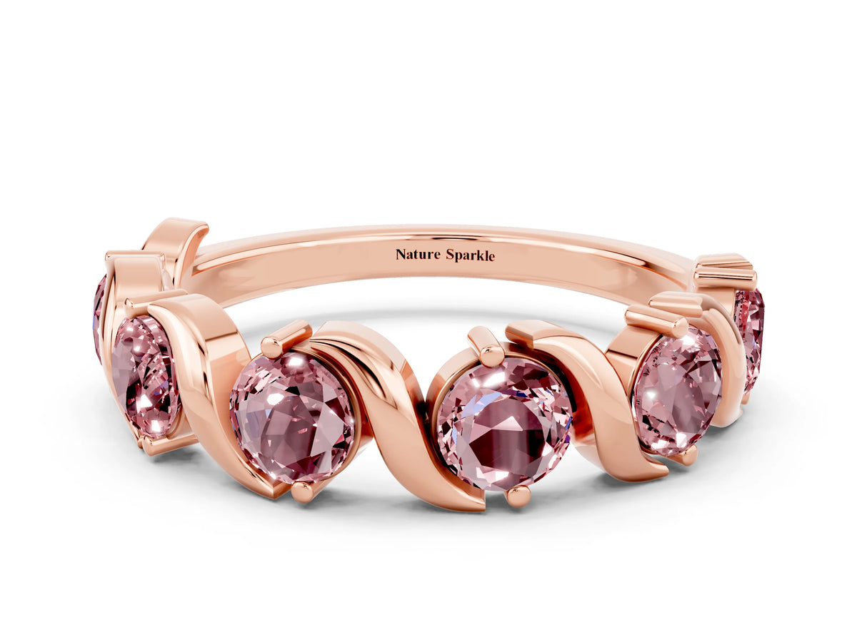 Round Morganite Half Eternity Band in Rose gold with Wave Prong Setting
