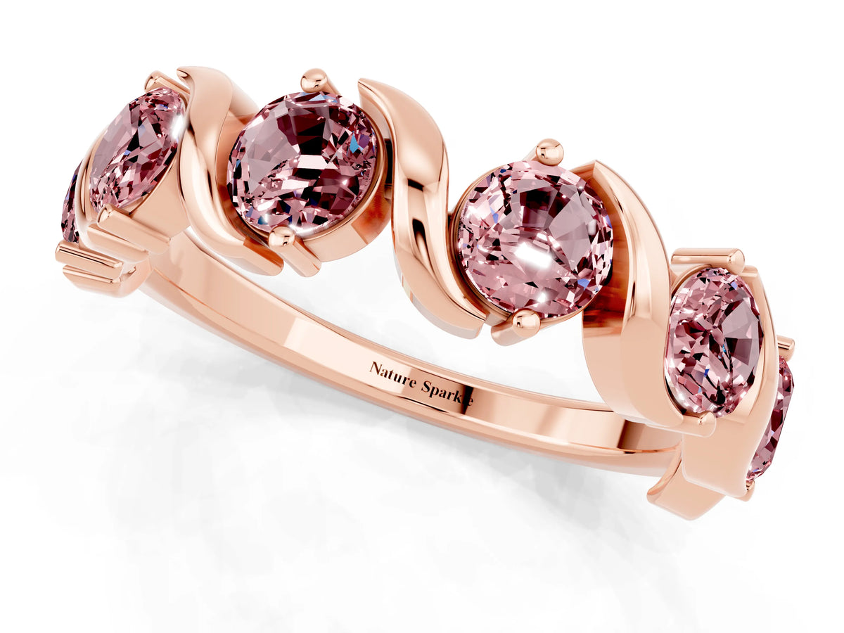 Round Morganite Half Eternity Band in Rose gold with Wave Prong Setting_1