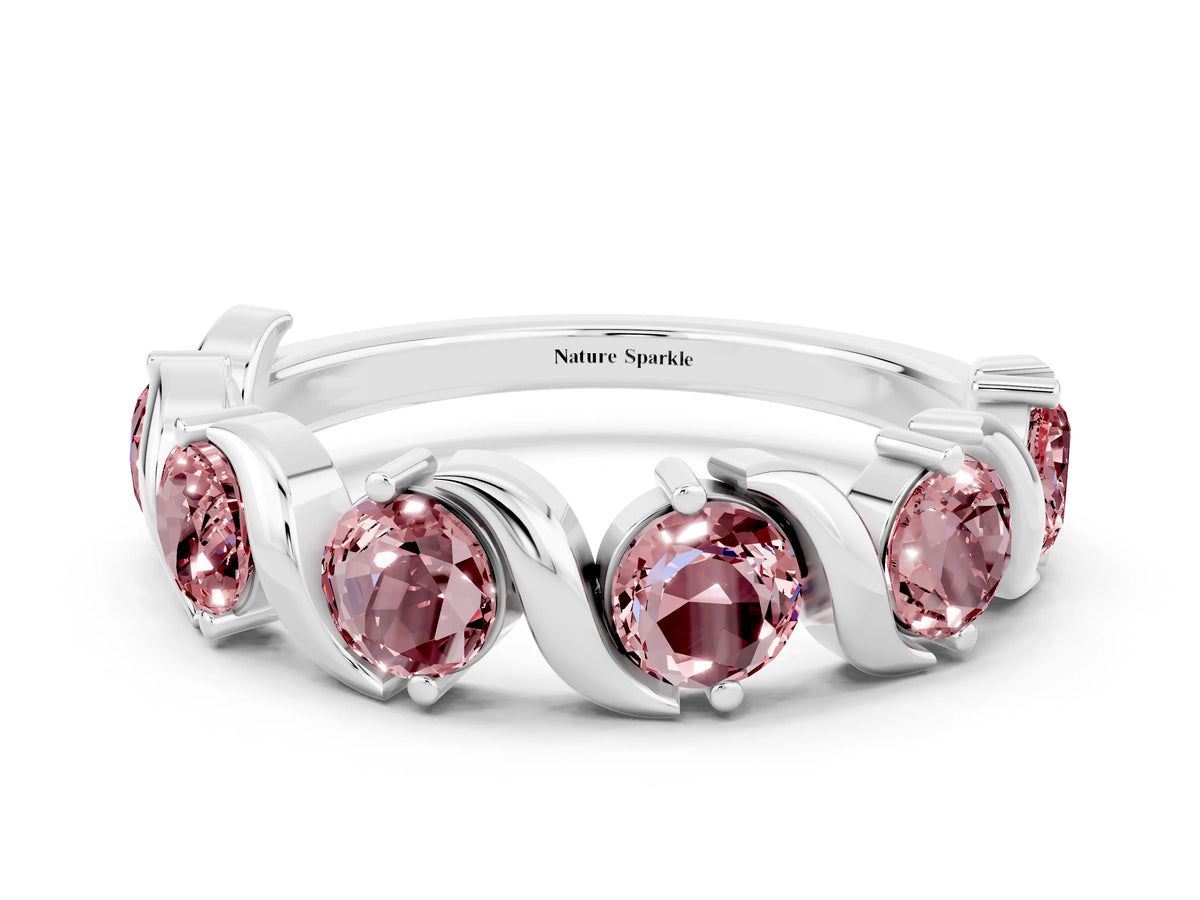Round Morganite Half Eternity Band in White gold with Wave Prong Setting