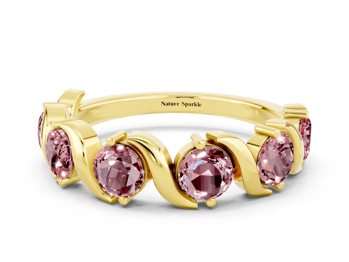Round Morganite Half Eternity Band in Yellow gold with Wave Prong Setting