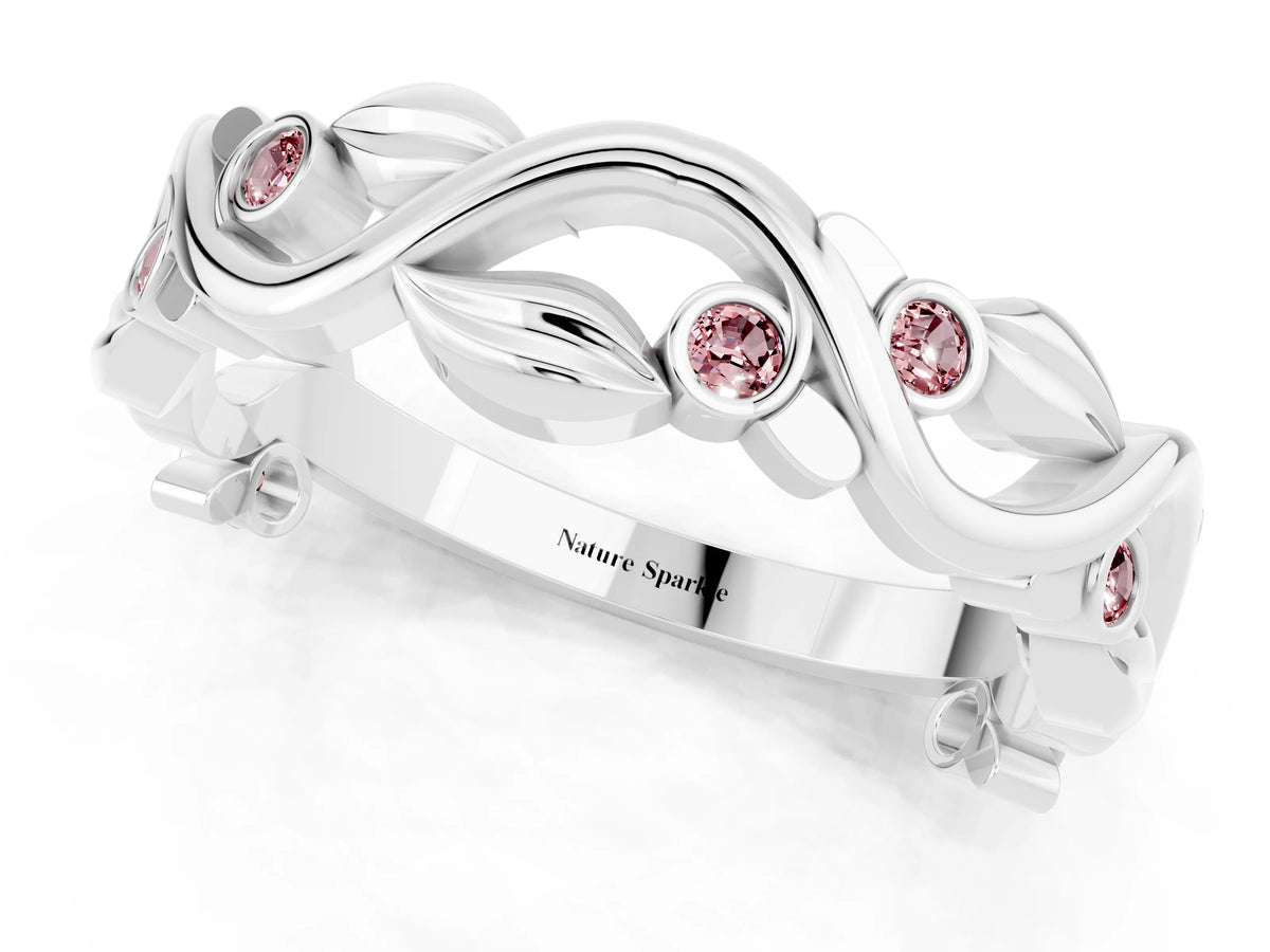 Round Morganite Leaf Motif Eternity Band in Platinum with Bezel Setting_1