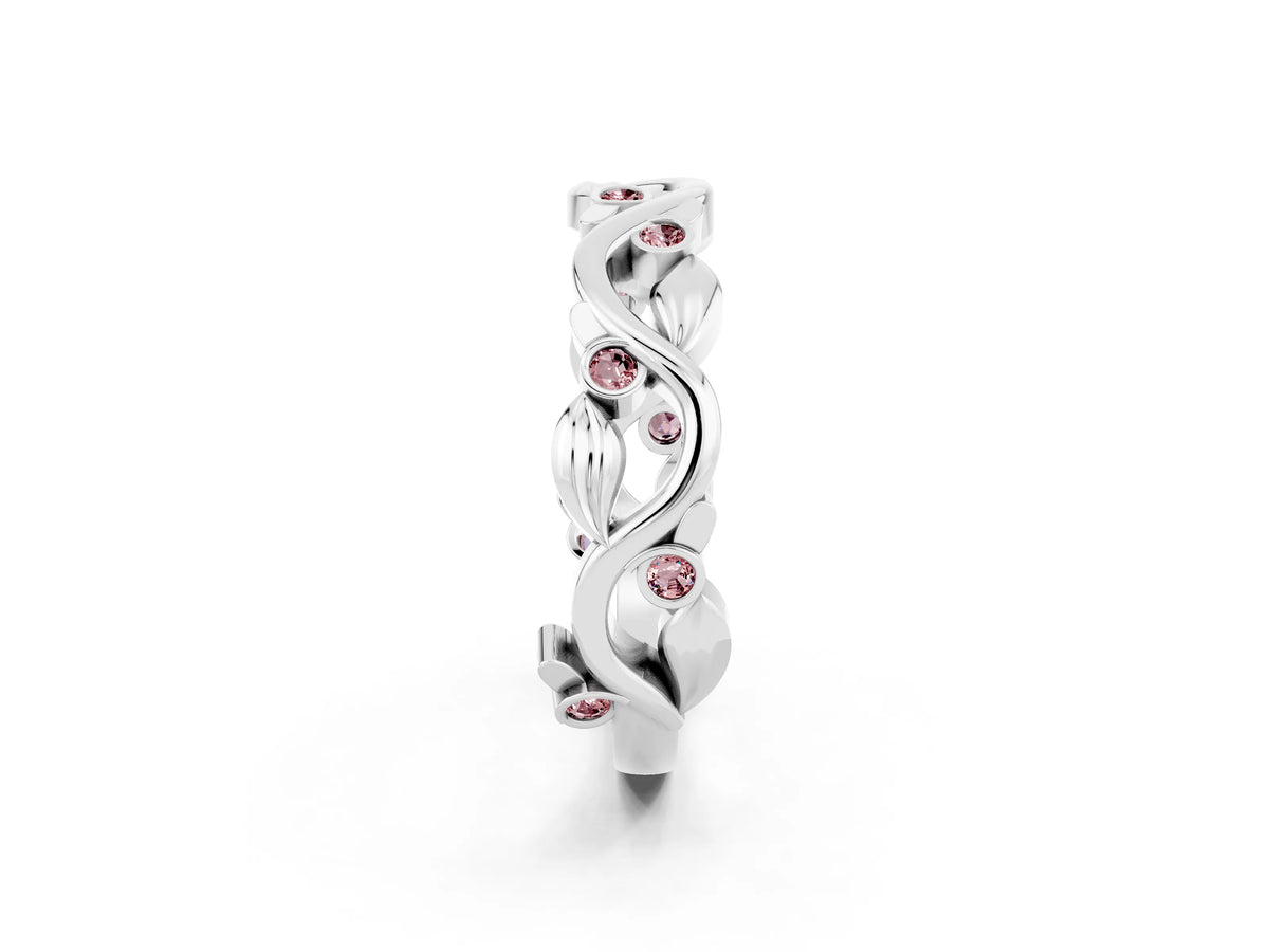 Round Morganite Leaf Motif Eternity Band in Platinum with Bezel Setting_2