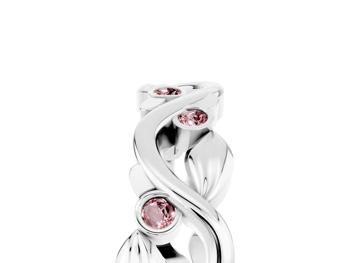 Round Morganite Leaf Motif Eternity Band in Platinum with Bezel Setting_5