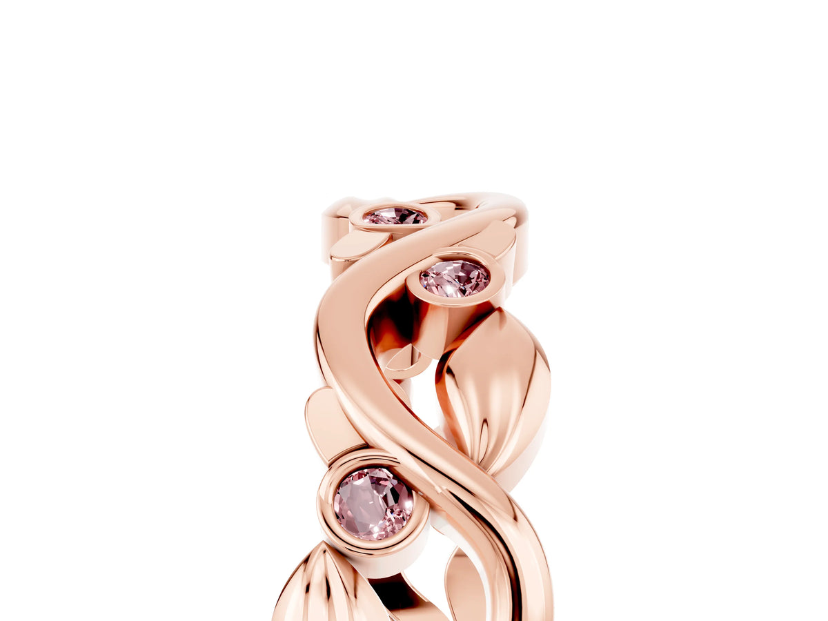 Round Morganite Leaf Motif Eternity Band in Rose gold with Bezel Setting_5