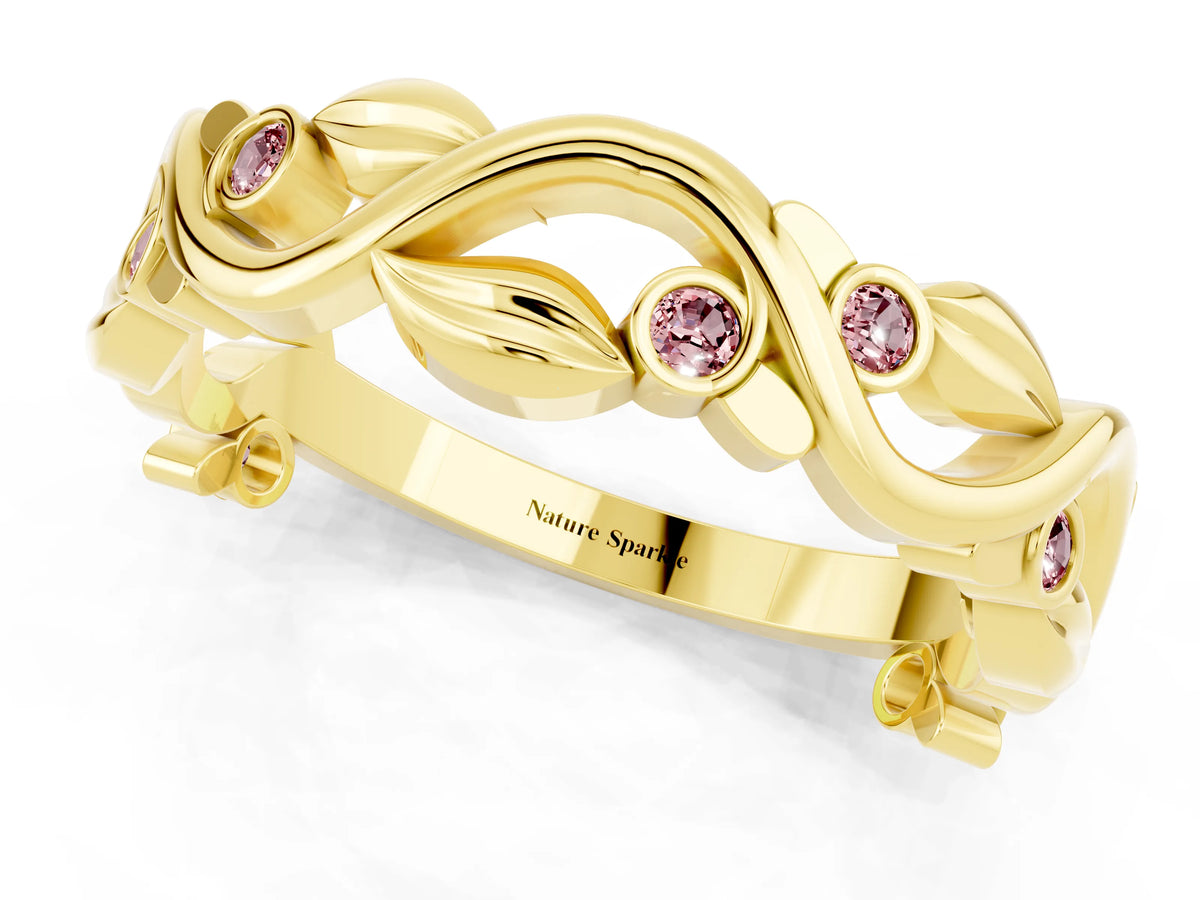 Round Morganite Leaf Motif Eternity Band in Yellow gold with Bezel Setting_1