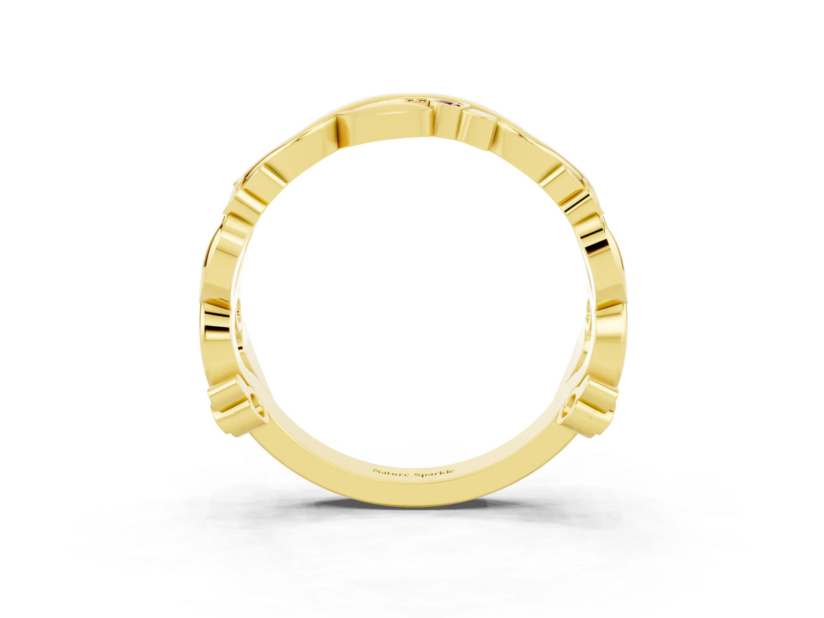 Round Morganite Leaf Motif Eternity Band in Yellow gold with Bezel Setting_3