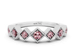 Round Morganite Square Bezel Chevron Band in Platinum with Milgrain Detailing