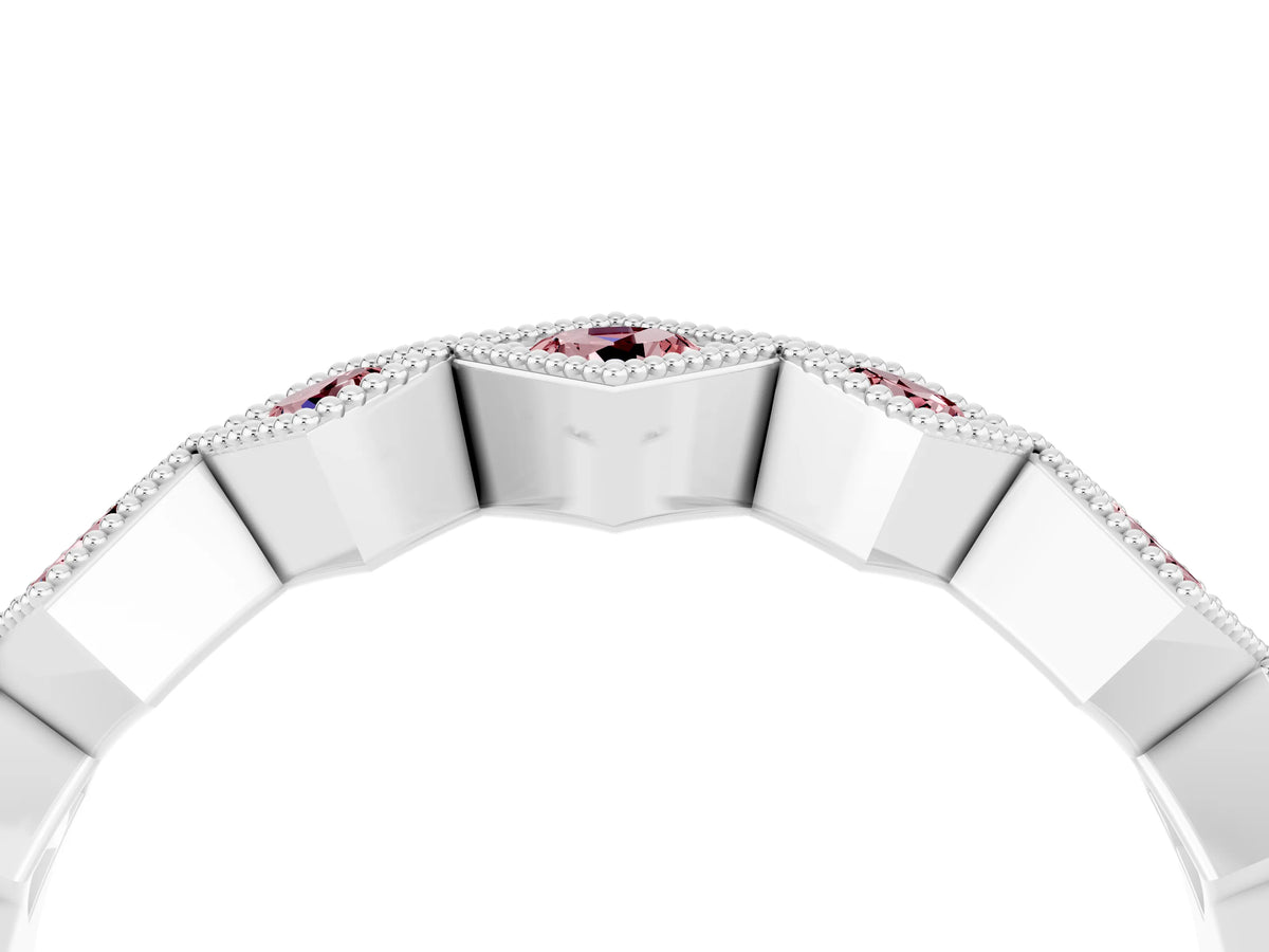 Round Morganite Square Bezel Chevron Band in Platinum with Milgrain Detailing_4