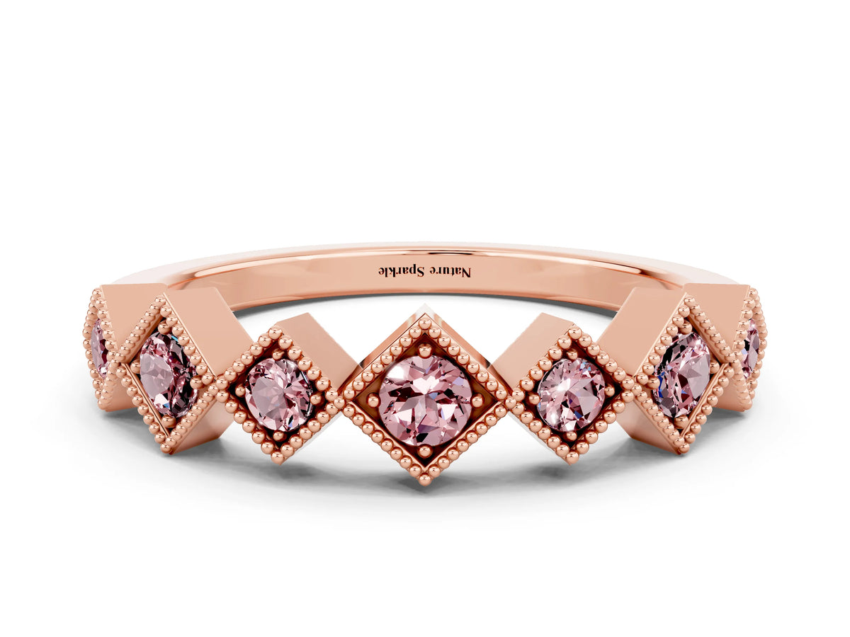 Round Morganite Square Bezel Chevron Band in Rose gold with Milgrain Detailing
