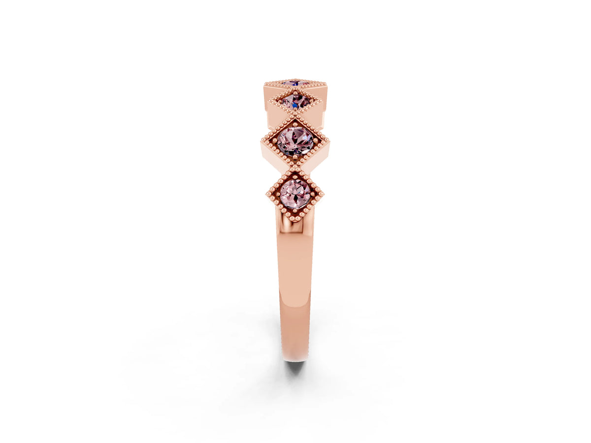 Round Morganite Square Bezel Chevron Band in Rose gold with Milgrain Detailing_2