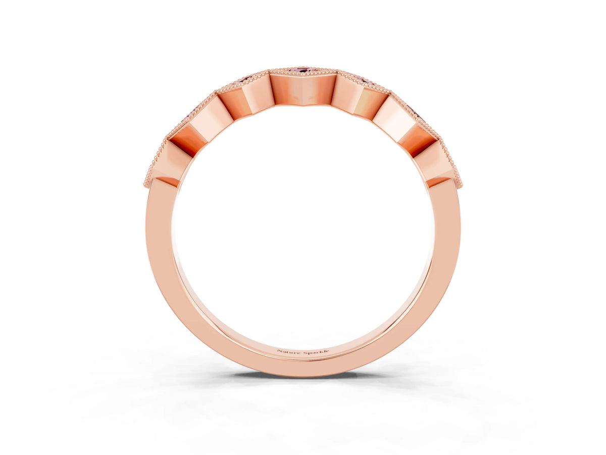 Round Morganite Square Bezel Chevron Band in Rose gold with Milgrain Detailing_3