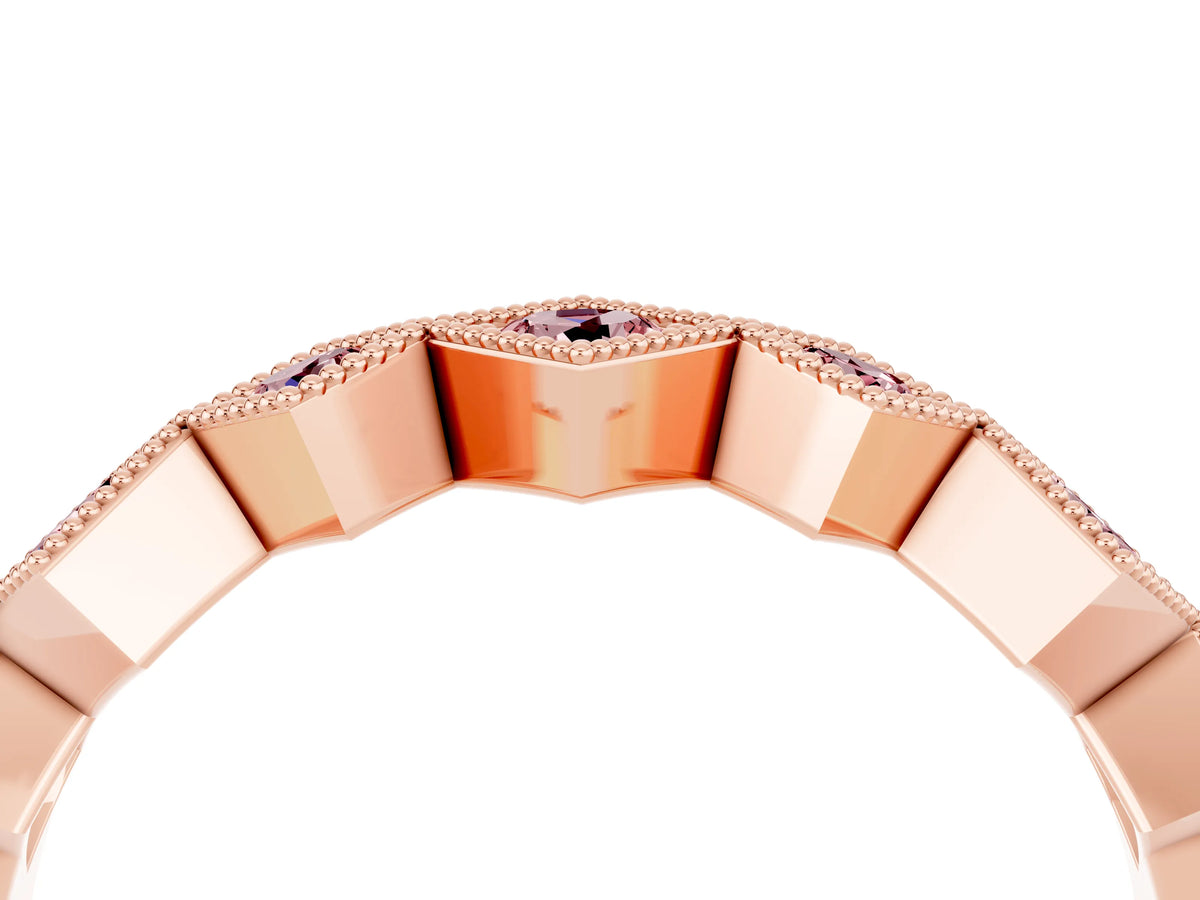 Round Morganite Square Bezel Chevron Band in Rose gold with Milgrain Detailing_4
