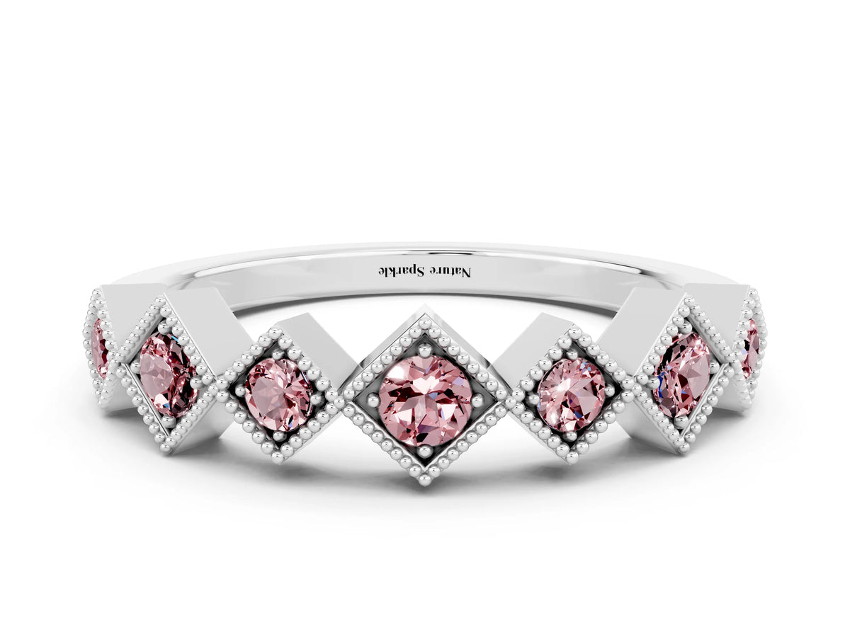 Round Morganite Square Bezel Chevron Band in Silver with Milgrain Detailing
